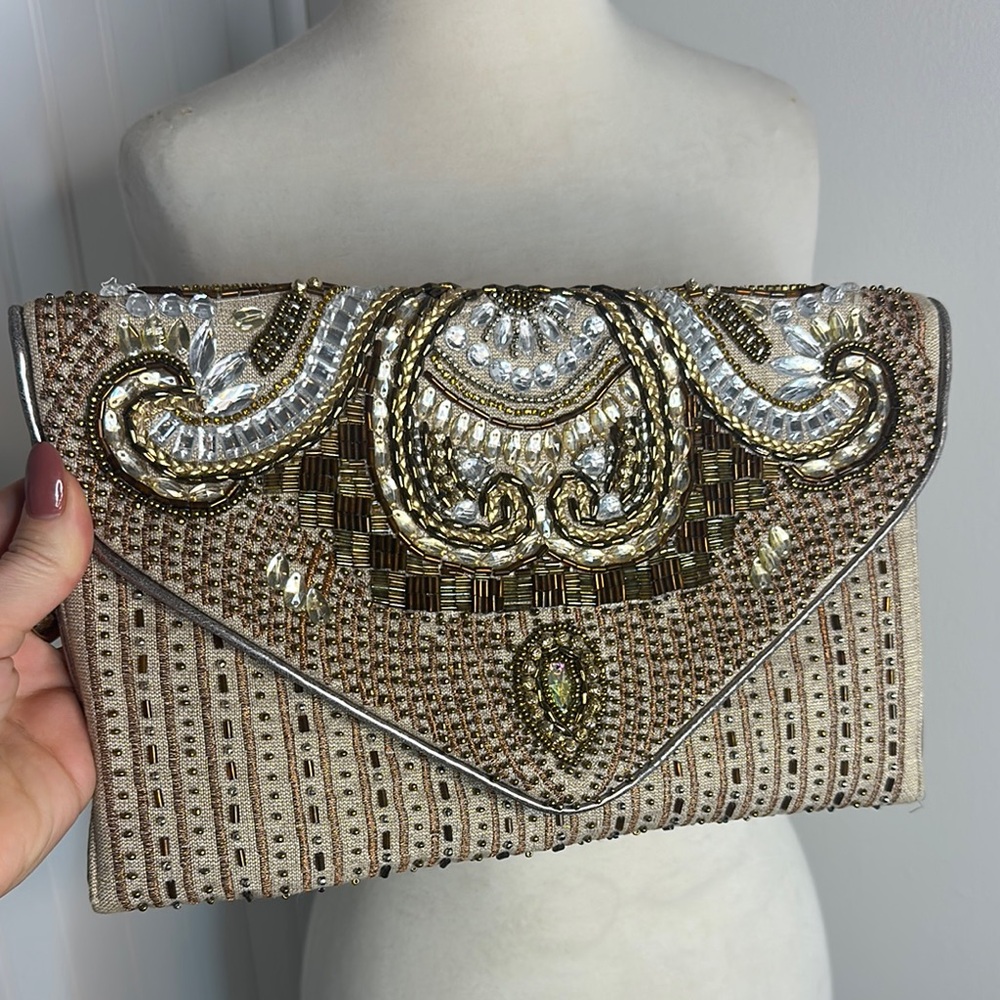 Beaded Evening Clutch in Gold and Tan